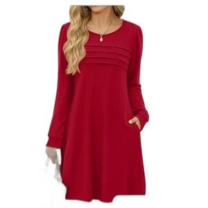 Fantaslook Women's L Red Pleated Pocket Dress Casual Long Slv Flowy Midi Style